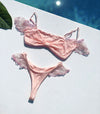 pink lace off the shoulder bikini top and swimwear